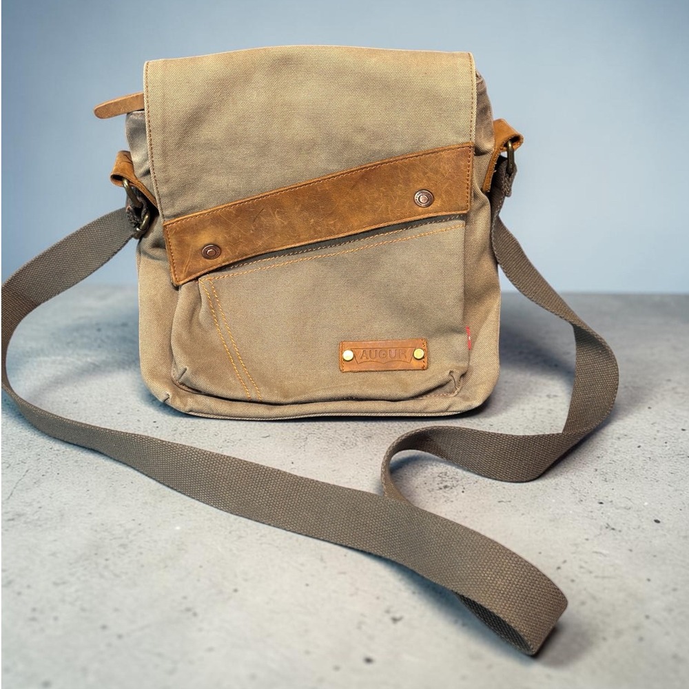 Augur Canvas Messenger Bag Khaki Brown Leather Trim Rugged Workwear Crossbody